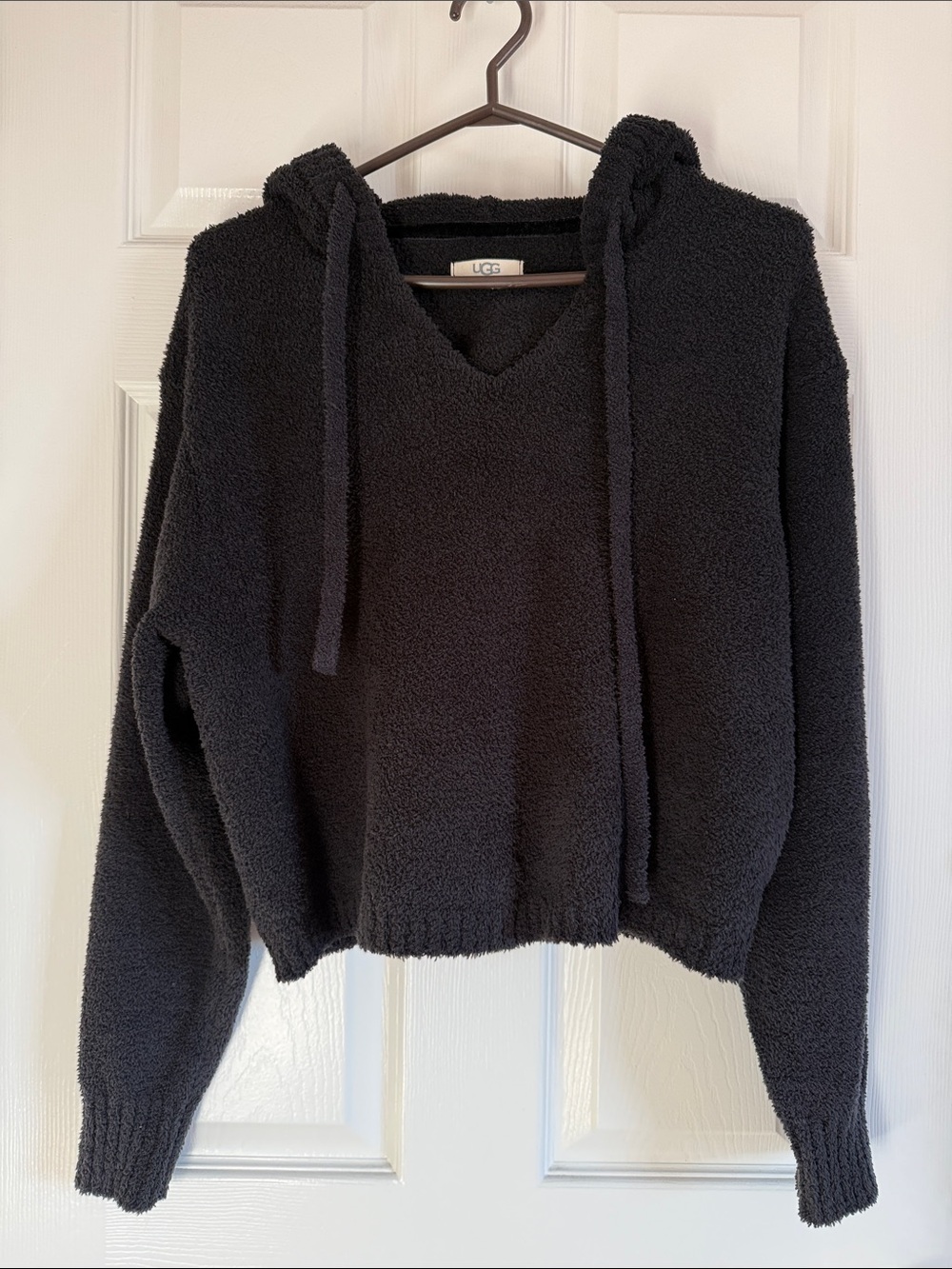 UGG Black Plush Hooded Cropped Pullover Sweater